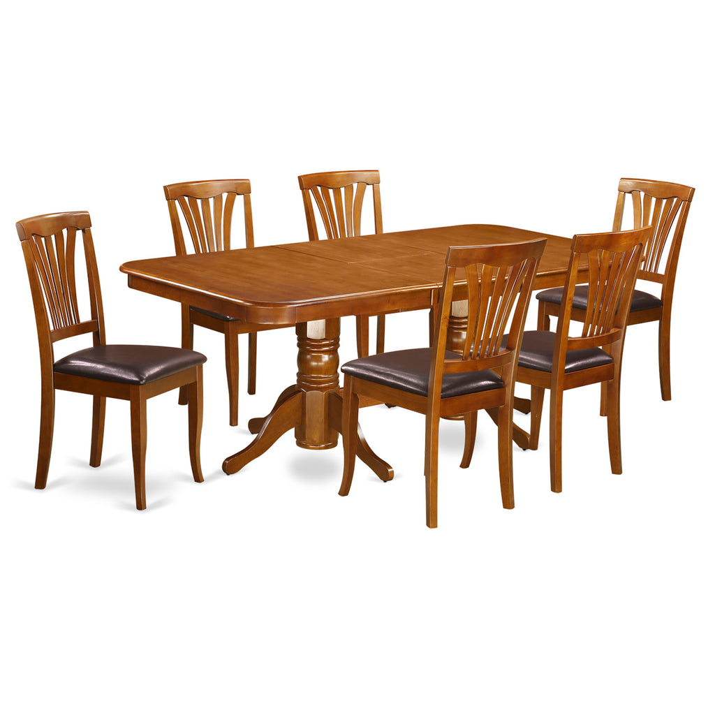 East West Furniture NAAV7-SBR-LC 7 Piece Kitchen Table & Chairs Set Consist of a Rectangle Dining Table with Butterfly Leaf and 6 Faux Leather Dining Room Chairs, 40x78 Inch, Saddle Brown