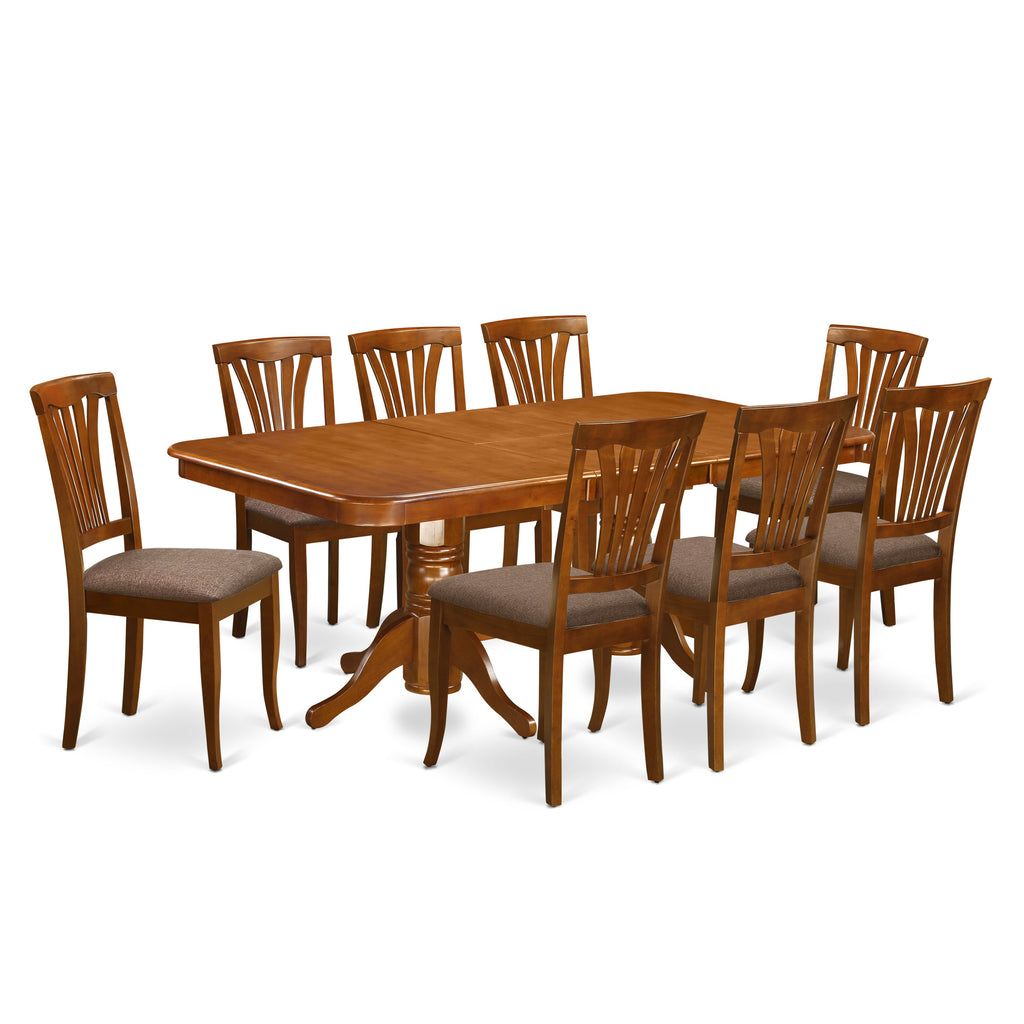 East West Furniture NAAV9-SBR-C 9 Piece Dining Room Table Set Includes a Rectangle Kitchen Table with Butterfly Leaf and 8 Linen Fabric Upholstered Dining Chairs, 40x78 Inch, Saddle Brown