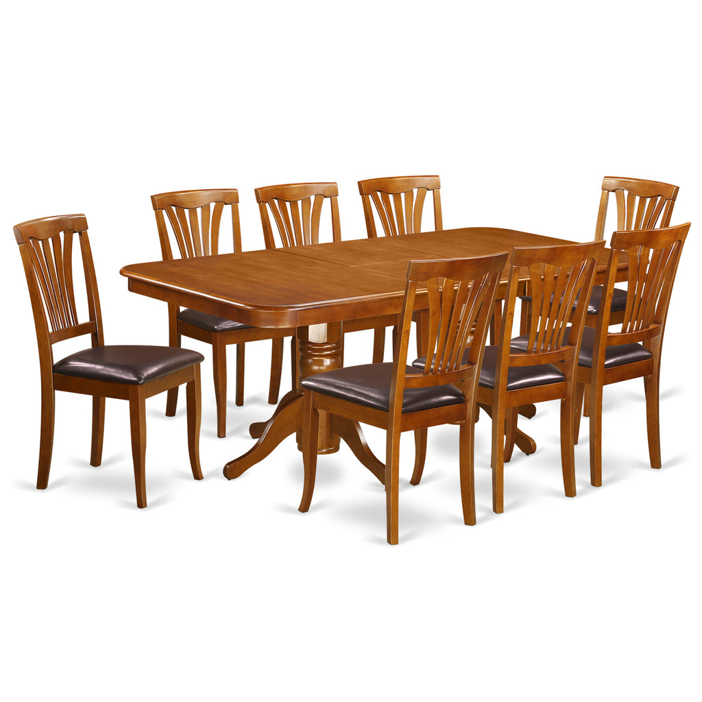 East West Furniture NAAV9-SBR-LC 9 Piece Dining Room Furniture Set Includes a Rectangle Kitchen Table with Butterfly Leaf and 8 Faux Leather Upholstered Chairs, 40x78 Inch, Saddle Brown