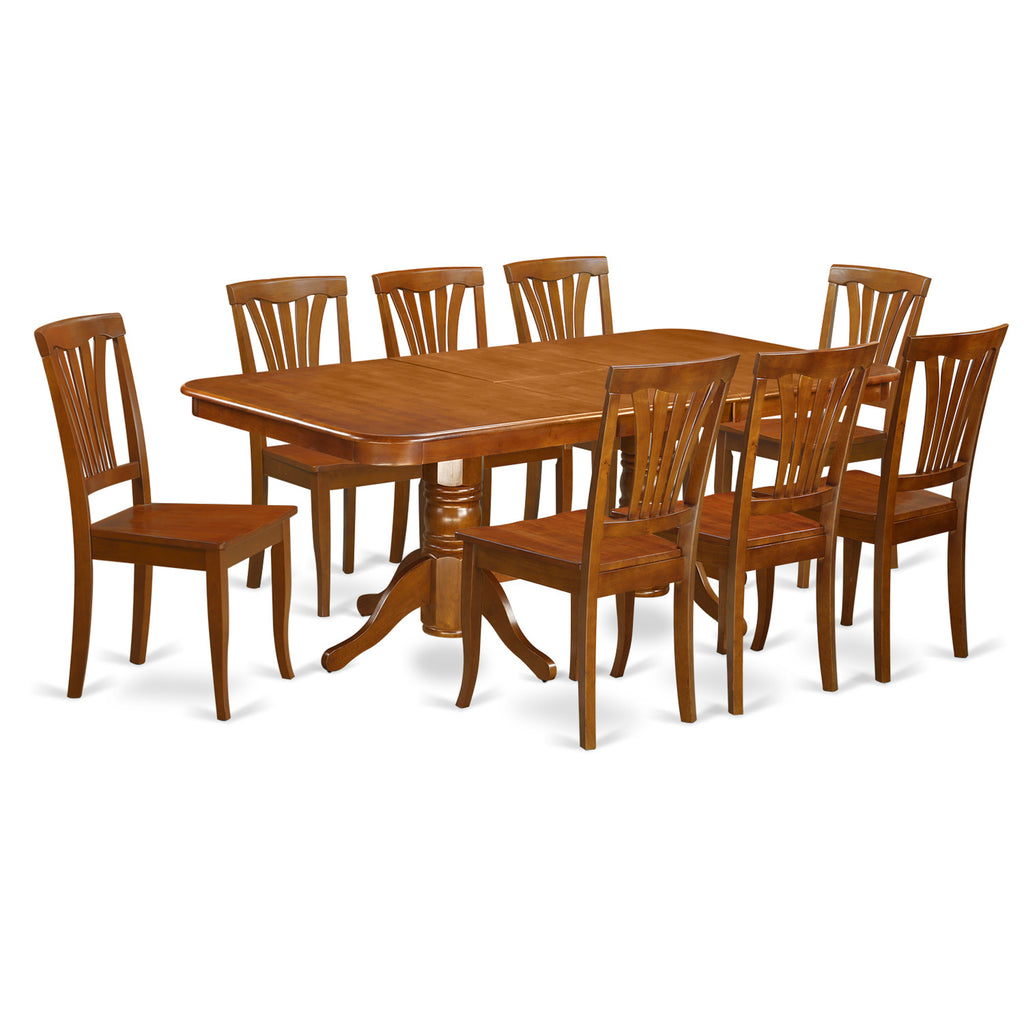 East West Furniture NAAV9-SBR-W 9 Piece Kitchen Table Set Includes a Rectangle Dining Table with Butterfly Leaf and 8 Dining Chairs, 40x78 Inch, Saddle Brown