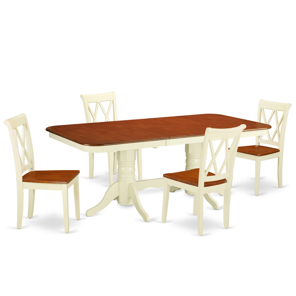 East West Furniture NACL5-BMK-W 5 Piece Kitchen Table & Chairs Set Includes a Rectangle Dining Room Table with Butterfly Leaf and 4 Solid Wood Seat Chairs, 40x78 Inch, Buttermilk & Cherry