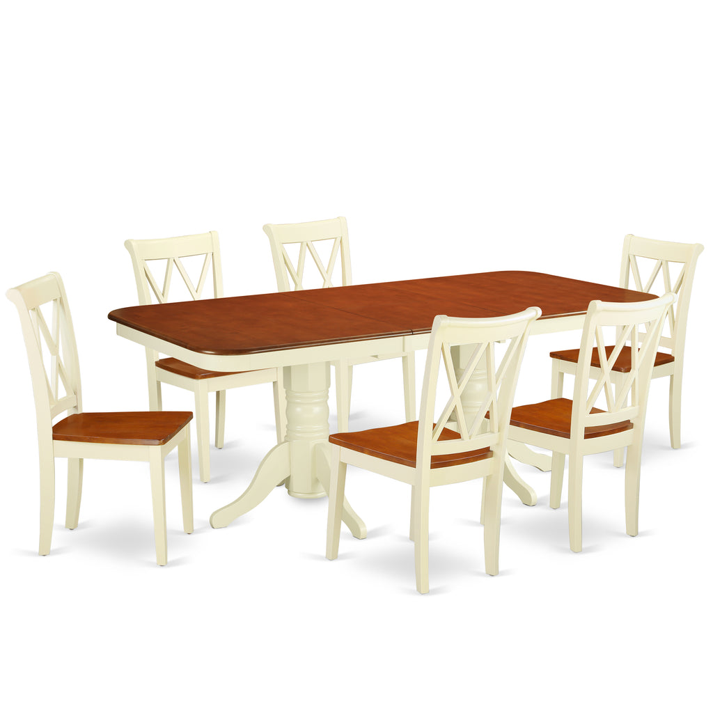 East West Furniture NACL7-BMK-W 7 Piece Dining Table Set Consist of a Rectangle Dining Room Table with Butterfly Leaf and 6 Wood Seat Chairs, 40x78 Inch, Buttermilk & Cherry