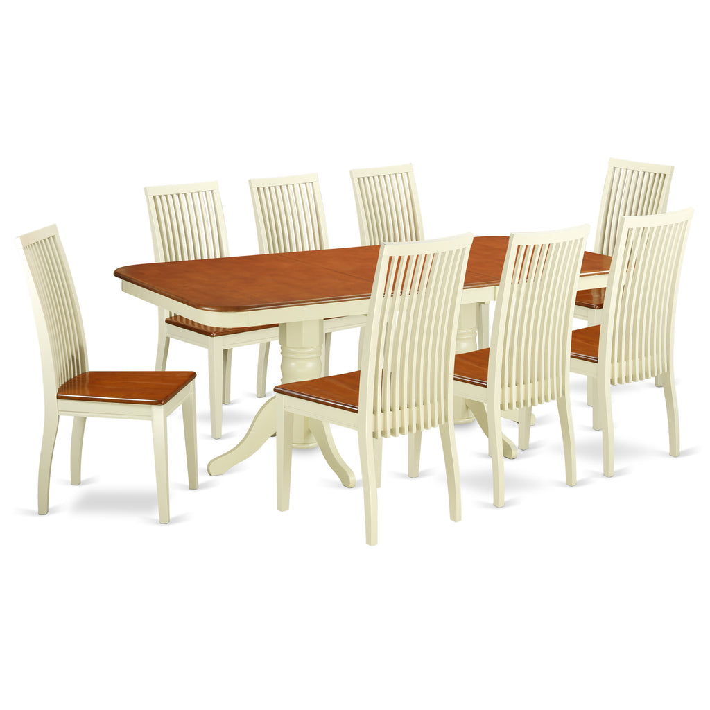 East West Furniture NAIP9-BMK-W 9 Piece Modern Dining Table Set Includes a Rectangle Wooden Table with Butterfly Leaf and 8 Kitchen Dining Chairs, 40x78 Inch, Buttermilk & Cherry