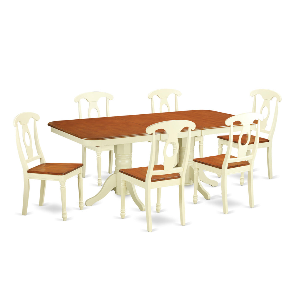 East West Furniture NAKE7-WHI-W 7 Piece Modern Dining Table Set Consist of a Rectangle Wooden Table with Butterfly Leaf and 6 Dining Room Chairs, 40x78 Inch, Buttermilk & Cherry