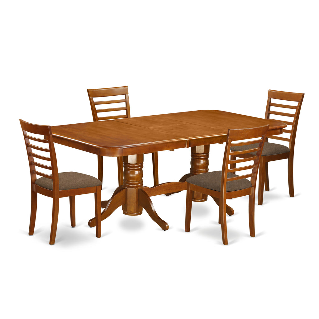 East West Furniture NAML5-SBR-C 5 Piece Dining Room Table Set Includes a Rectangle Kitchen Table with Butterfly Leaf and 4 Linen Fabric Upholstered Dining Chairs, 40x78 Inch, Saddle Brown