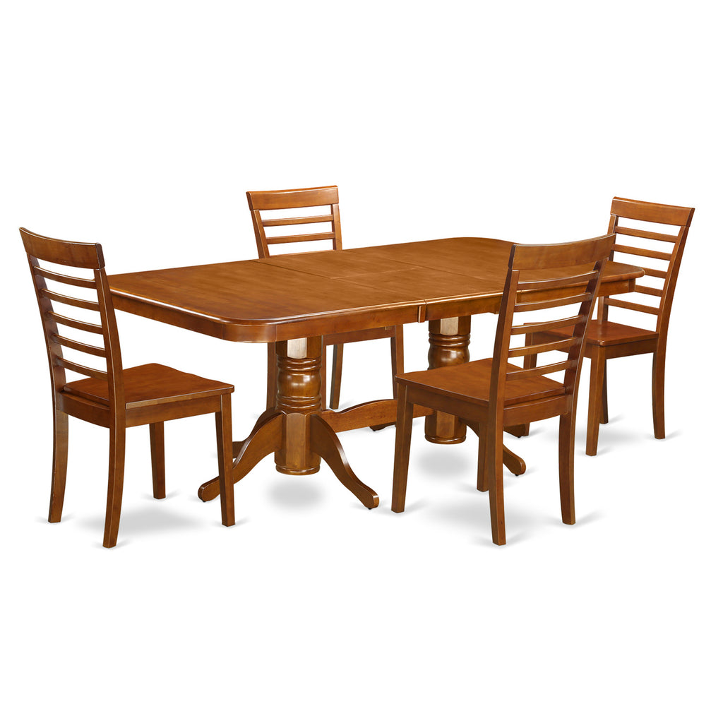 East West Furniture NAML5-SBR-W 5 Piece Modern Dining Table Set Includes a Rectangle Wooden Table with Butterfly Leaf and 4 Kitchen Dining Chairs, 40x78 Inch, Saddle Brown