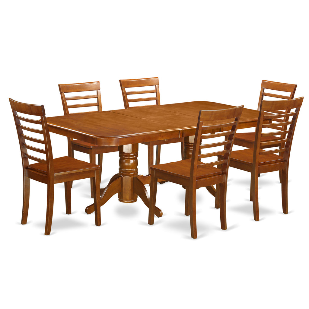 East West Furniture NAML7-SBR-W 7 Piece Dining Table Set Consist of a Rectangle Dining Room Table with Butterfly Leaf and 6 Wood Seat Chairs, 40x78 Inch, Saddle Brown