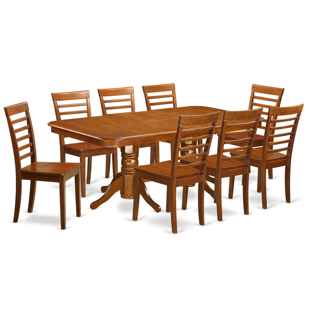 East West Furniture NAML9-SBR-W 9 Piece Kitchen Table & Chairs Set Includes a Rectangle Dining Table with Butterfly Leaf and 8 Dining Room Chairs, 40x78 Inch, Saddle Brown