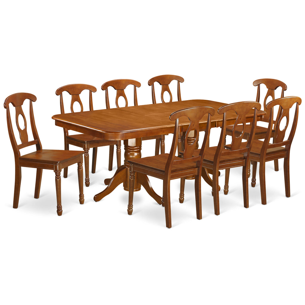 East West Furniture NANA9-SBR-W 9 Piece Kitchen Table & Chairs Set Includes a Rectangle Dining Room Table with Butterfly Leaf and 8 Solid Wood Seat Chairs, 40x78 Inch, Saddle Brown