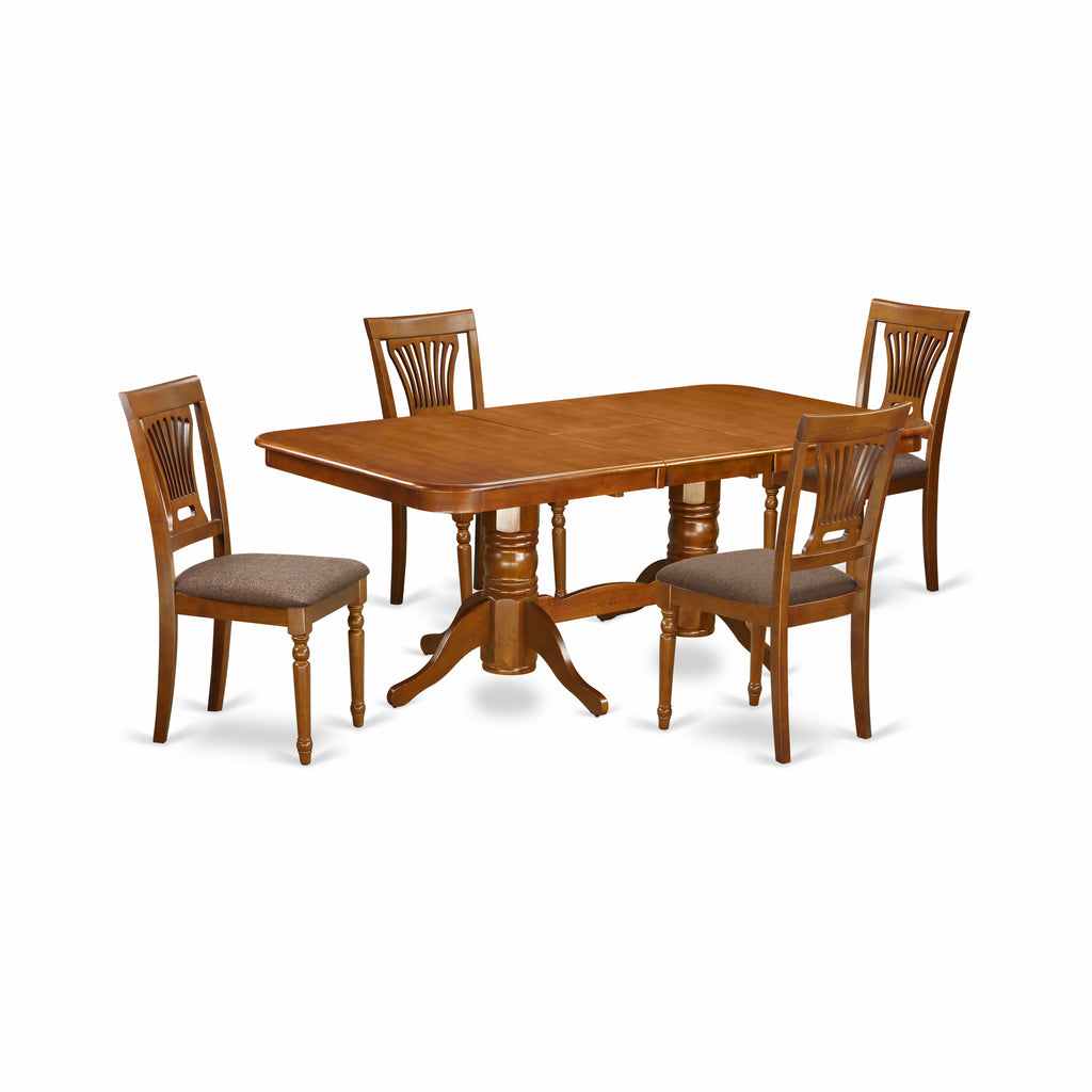 East West Furniture NAPL5-SBR-C 5 Piece Dinette Set for 4 Includes a Rectangle Dining Room Table with Butterfly Leaf and 4 Linen Fabric Kitchen Dining Chairs, 40x78 Inch, Saddle Brown