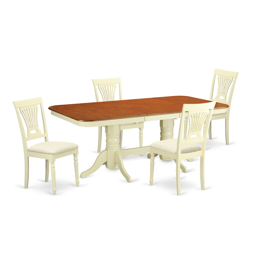East West Furniture NAPL5-WHI-C 5 Piece Dining Room Table Set Includes a Rectangle Kitchen Table with Butterfly Leaf and 4 Linen Fabric Upholstered Dining Chairs, 40x78 Inch, Buttermilk & Cherry