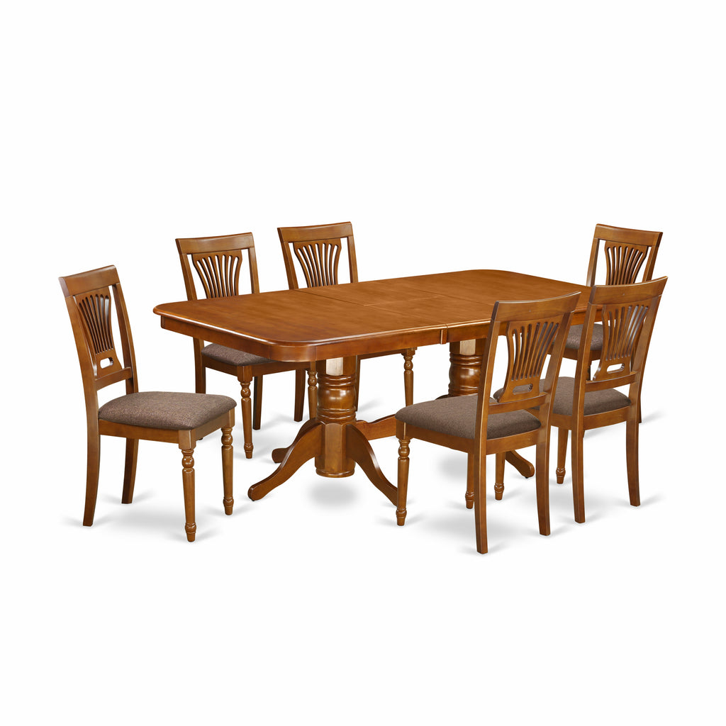 East West Furniture NAPL7-SBR-C 7 Piece Dinette Set Consist of a Rectangle Dining Room Table with Butterfly Leaf and 6 Linen Fabric Kitchen Dining Chairs, 40x78 Inch, Saddle Brown