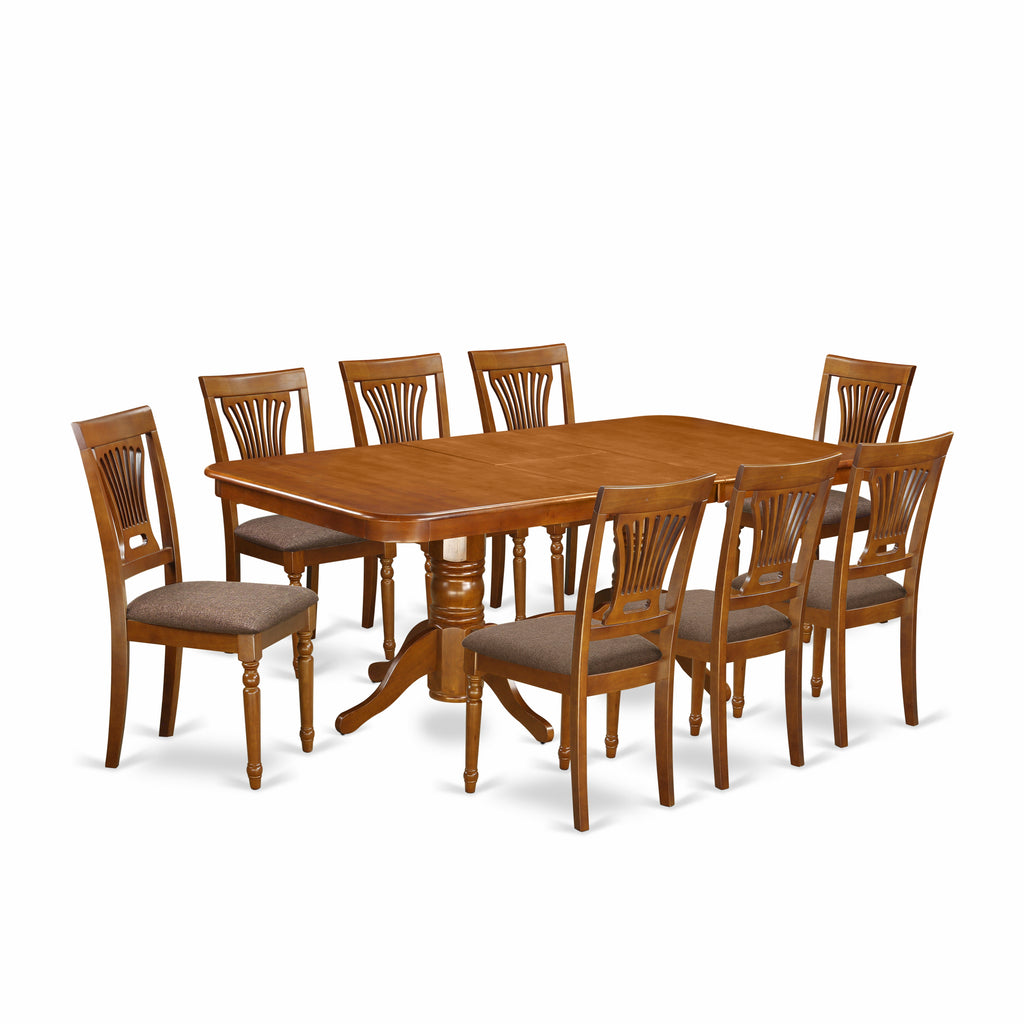 East West Furniture NAPL9-SBR-C 9 Piece Kitchen Table Set Includes a Rectangle Dining Table with Butterfly Leaf and 8 Linen Fabric Upholstered Dining Chairs, 40x78 Inch, Saddle Brown