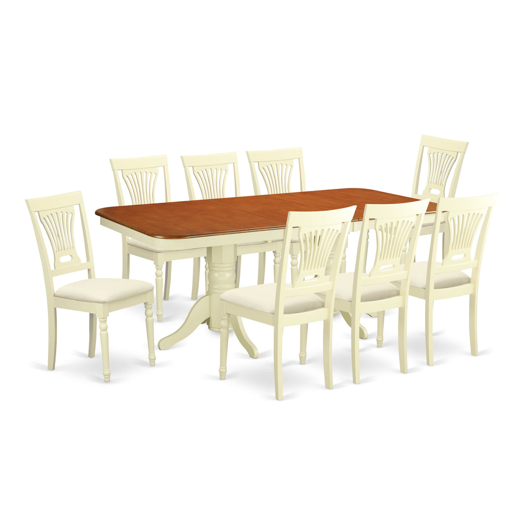 East West Furniture NAPL9-WHI-C 9 Piece Modern Dining Table Set Includes a Rectangle Wooden Table with Butterfly Leaf and 8 Linen Fabric Dining Room Chairs, 40x78 Inch, Buttermilk & Cherry
