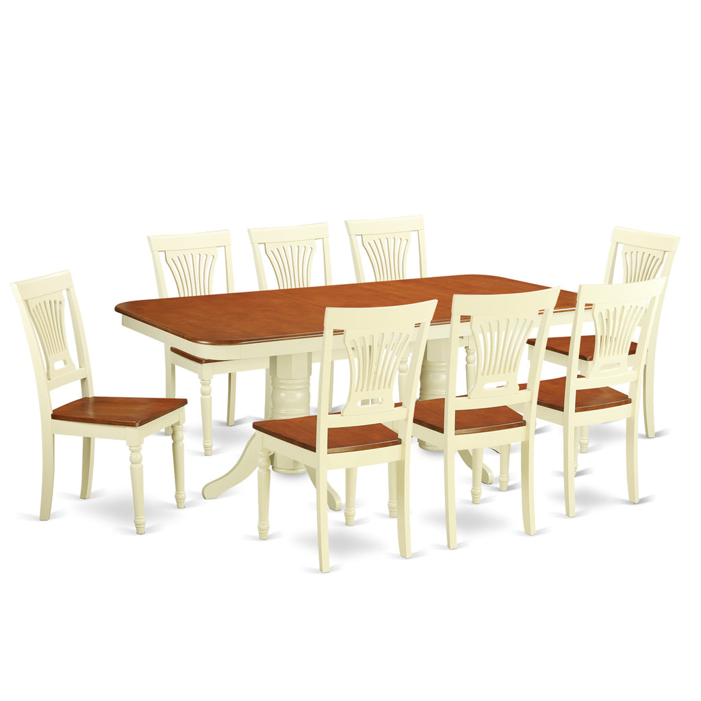 East West Furniture NAPL9-WHI-W 9 Piece Dining Table Set Includes a Rectangle Dining Room Table with Butterfly Leaf and 8 Wooden Seat Chairs, 40x78 Inch, Buttermilk & Cherry