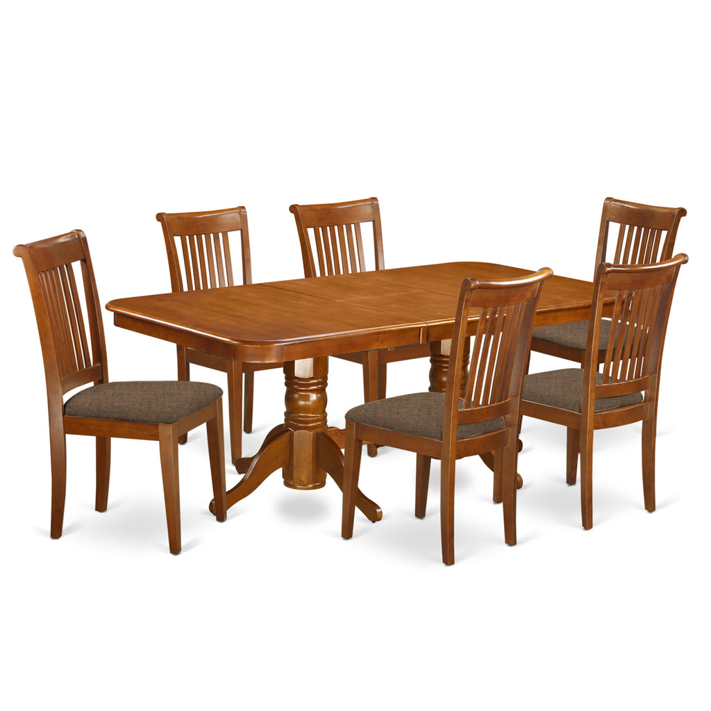 East West Furniture NAPO7-SBR-C 7 Piece Kitchen Table & Chairs Set Consist of a Rectangle Wooden Table with Butterfly Leaf and 6 Linen Fabric Dining Chairs, 40x78 Inch, Saddle Brown