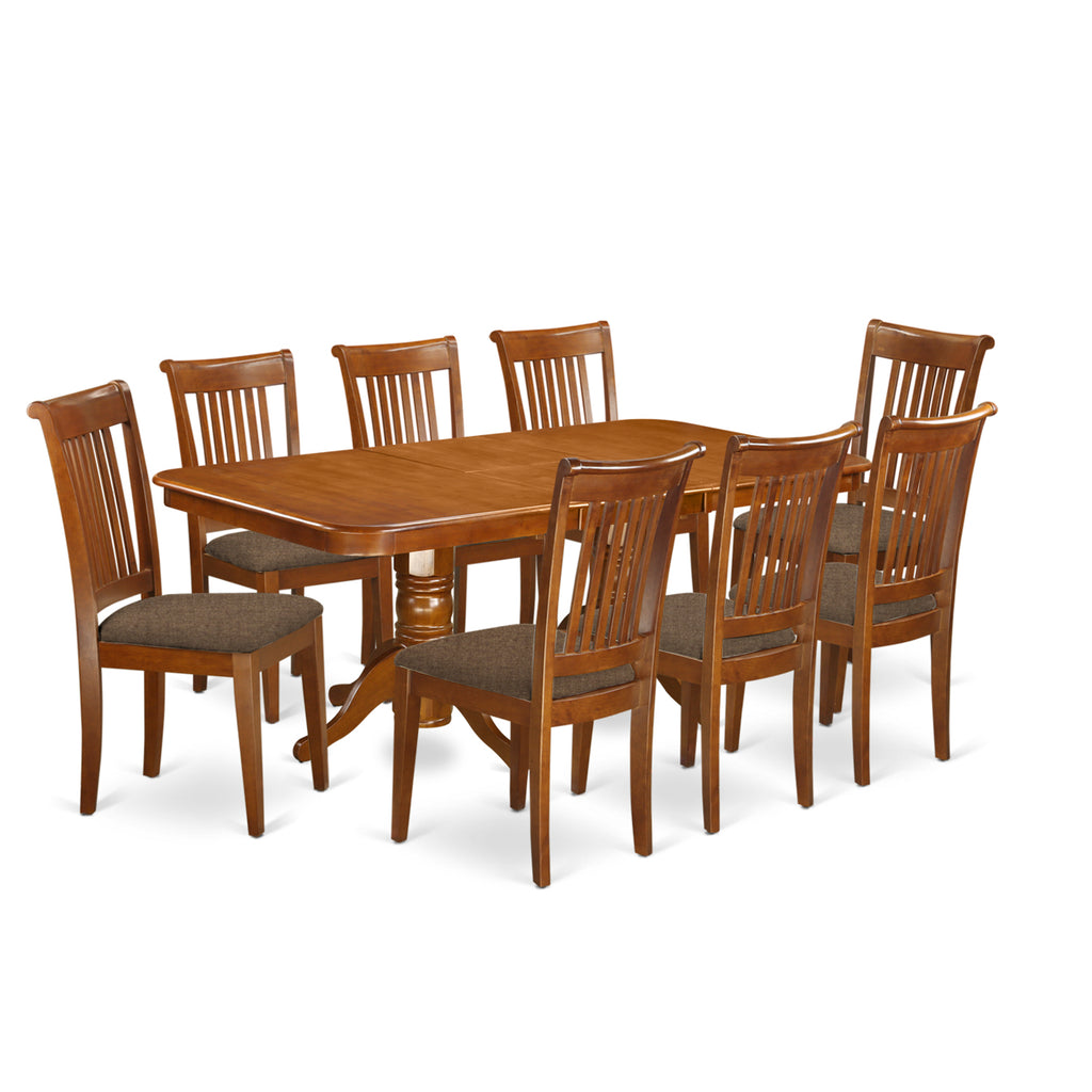 East West Furniture NAPO9-SBR-C 9 Piece Dining Room Set Includes a Rectangle Kitchen Table with Butterfly Leaf and 8 Linen Fabric Upholstered Dining Chairs, 40x78 Inch, Saddle Brown