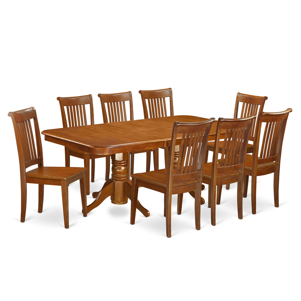 East West Furniture NAPO9-SBR-W 9 Piece Kitchen Table Set Includes a Rectangle Dining Table with Butterfly Leaf and 8 Dining Room Chairs, 40x78 Inch, Saddle Brown