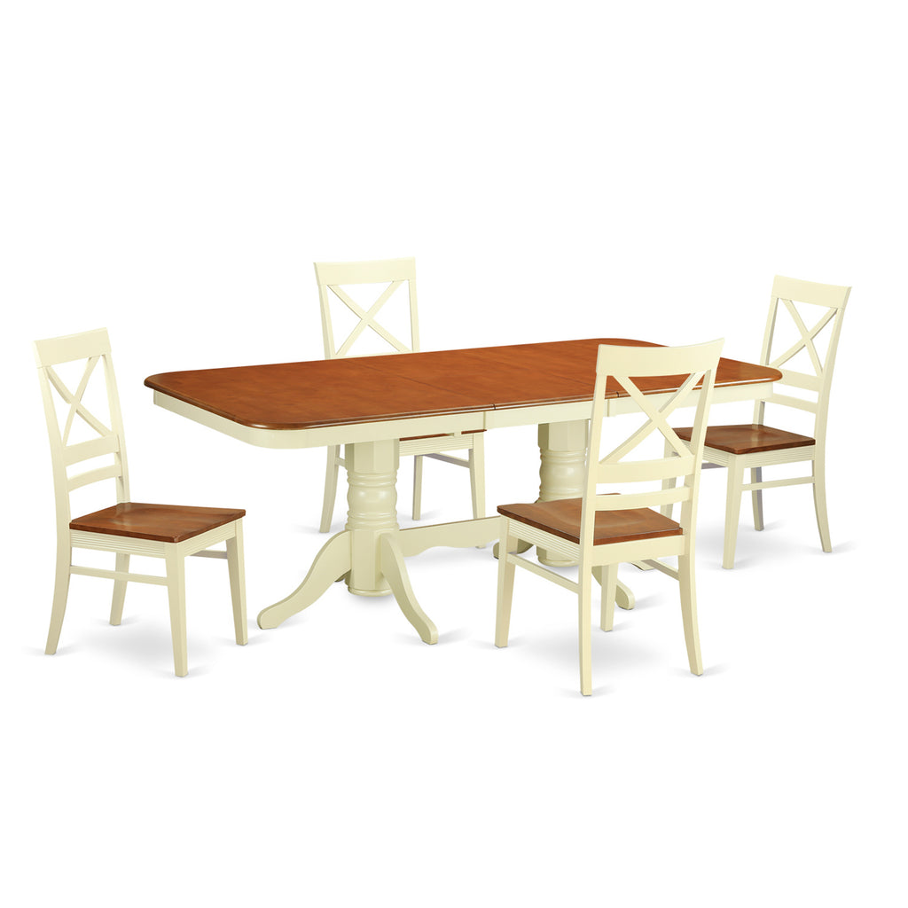 East West Furniture NAQU5-WHI-W 5 Piece Kitchen Table Set for 4 Includes a Rectangle Dining Room Table with Butterfly Leaf and 4 Solid Wood Seat Chairs, 40x78 Inch, Buttermilk & Cherry