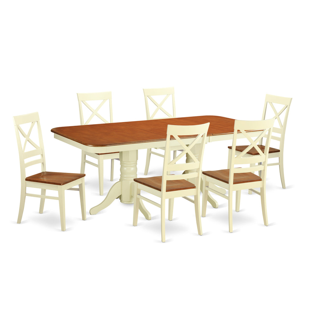 East West Furniture NAQU7-WHI-W 7 Piece Kitchen Table & Chairs Set Consist of a Rectangle Dining Table with Butterfly Leaf and 6 Dining Room Chairs, 40x78 Inch, Buttermilk & Cherry