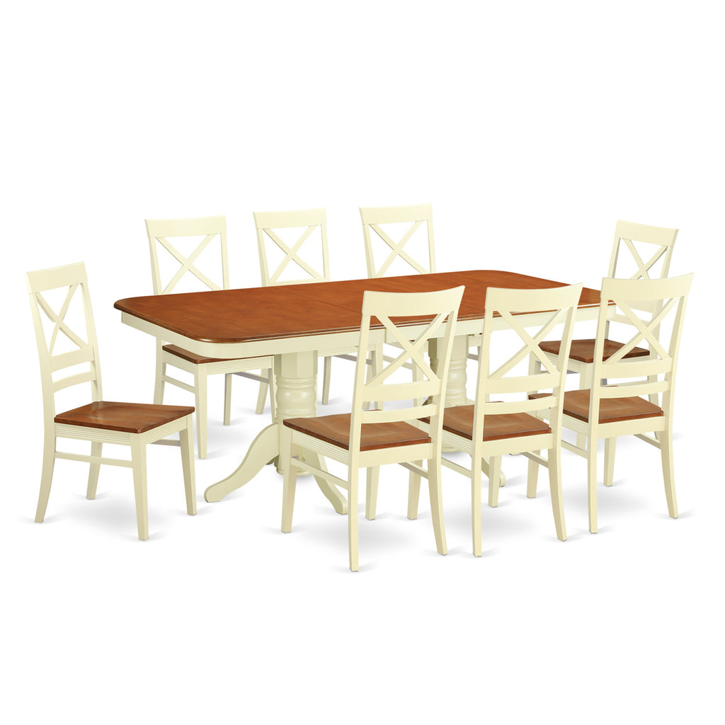 East West Furniture NAQU9-WHI-W 9 Piece Modern Dining Table Set Includes a Rectangle Wooden Table with Butterfly Leaf and 8 Kitchen Dining Chairs, 40x78 Inch, Buttermilk & Cherry