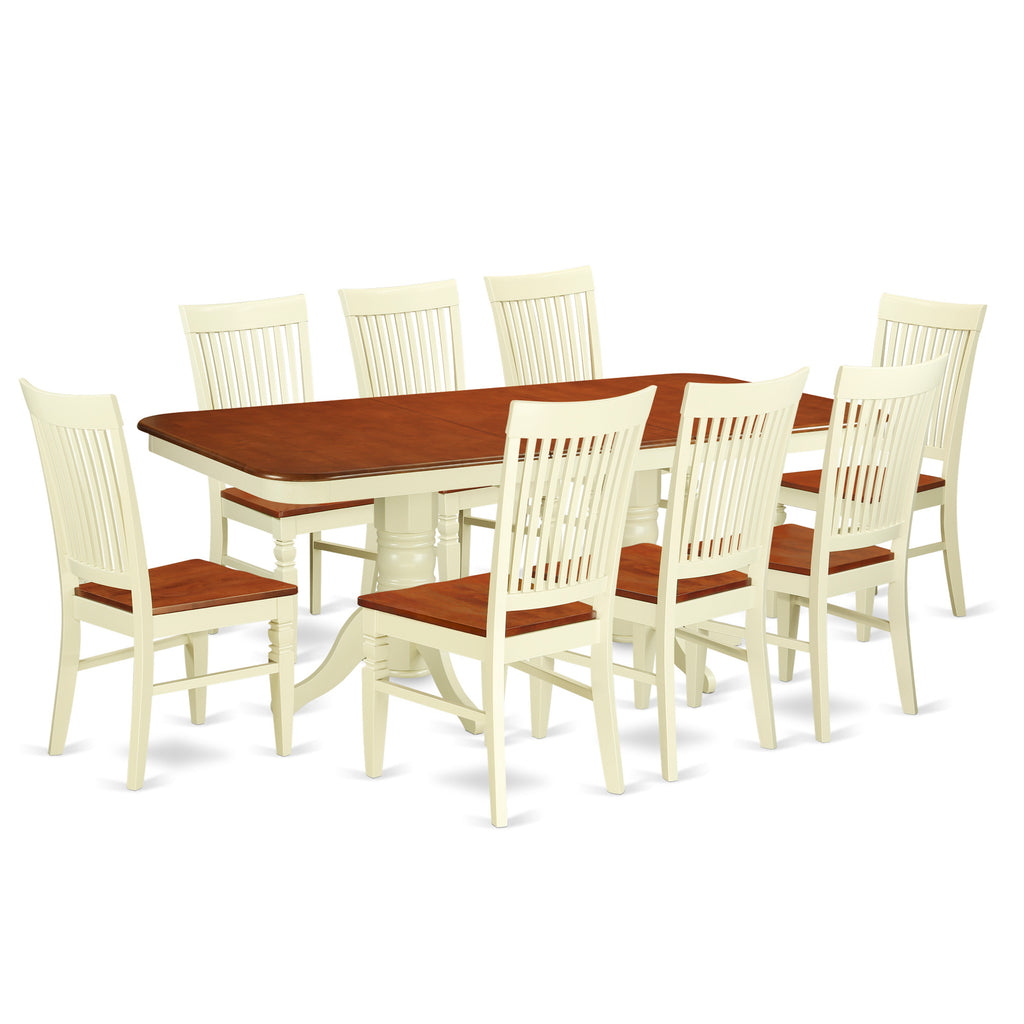 East West Furniture NAWE9-BMK-W 9 Piece Kitchen Table Set Includes a Rectangle Dining Table with Butterfly Leaf and 8 Dining Room Chairs, 40x78 Inch, Buttermilk & Cherry