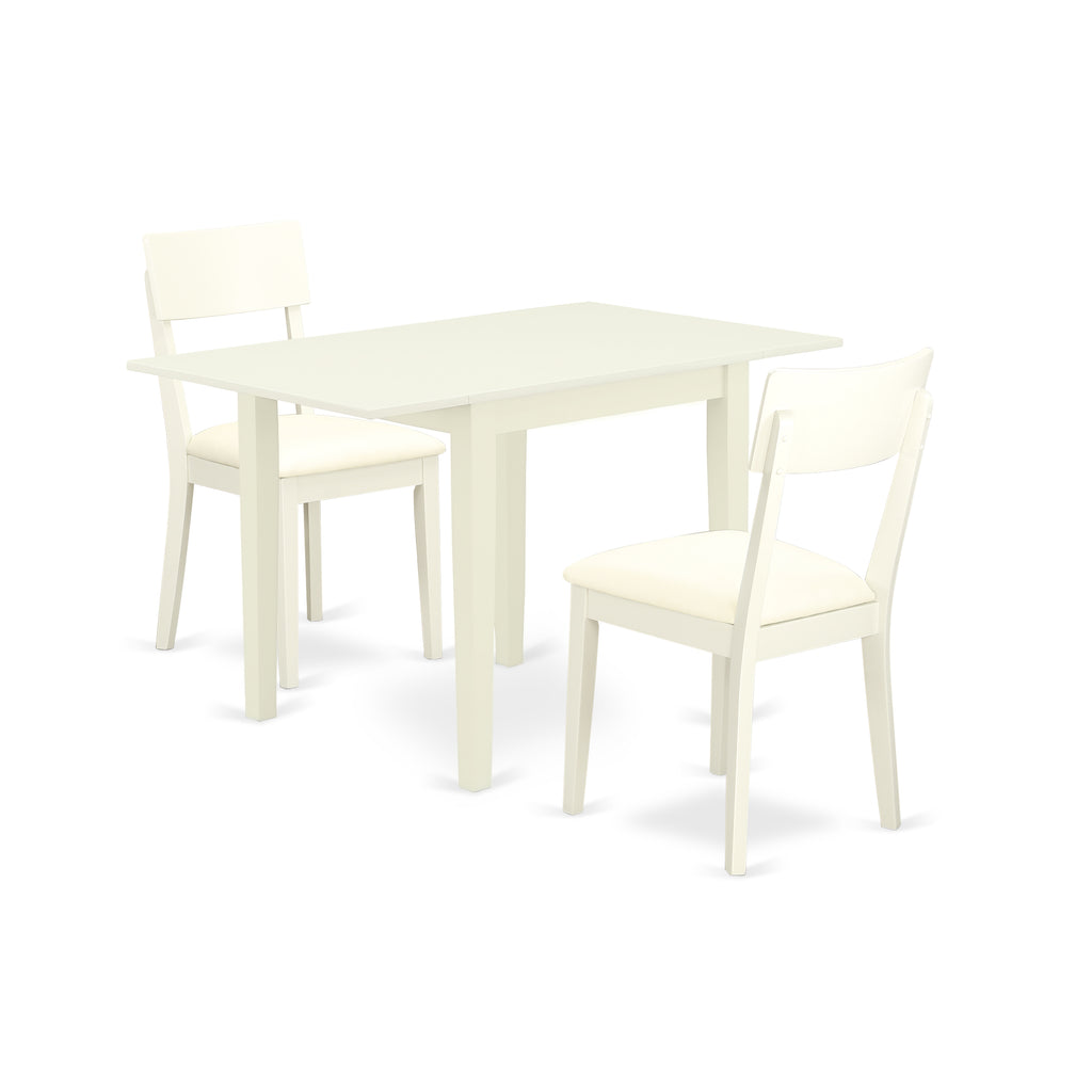 East West Furniture NDAD3-LWH-LC 3 Piece Dining Room Furniture Set Contains a Rectangle Dining Table with Dropleaf and 2 Faux Leather Upholstered Chairs, 30x48 Inch, Linen White