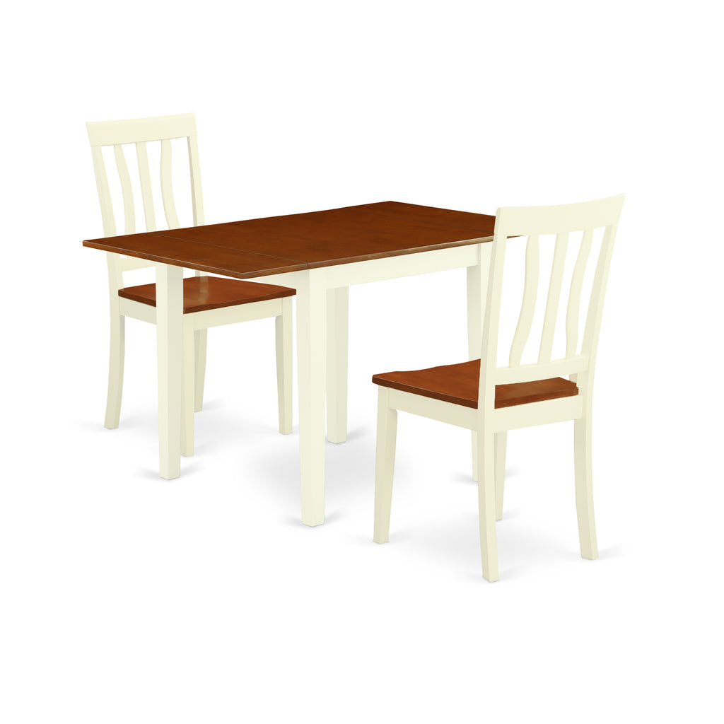 East West Furniture NDAN3-WHI-W 3 Piece Dinette Set for Small Spaces Contains a Rectangle Dining Table with Dropleaf and 2 Dining Room Chairs, 30x48 Inch, Buttermilk & Cherry