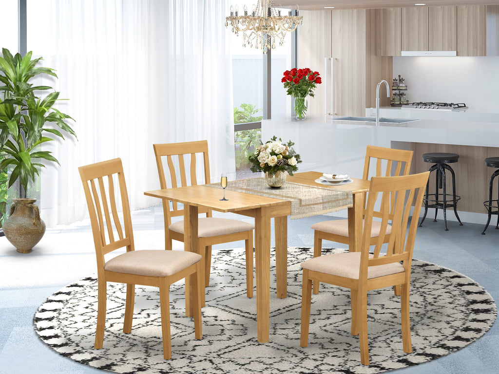 East West Furniture NDAN5-OAK-C 5 Piece Dining Room Table Set Includes a Rectangle Kitchen Table with Dropleaf and 4 Linen Fabric Upholstered Dining Chairs, 30x48 Inch, Oak