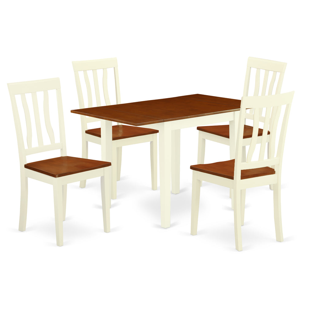 East West Furniture NDAN5-WHI-W 5 Piece Dining Room Furniture Set Includes a Rectangle Kitchen Table with Dropleaf and 4 Dining Chairs, 30x48 Inch, Buttermilk & Cherry