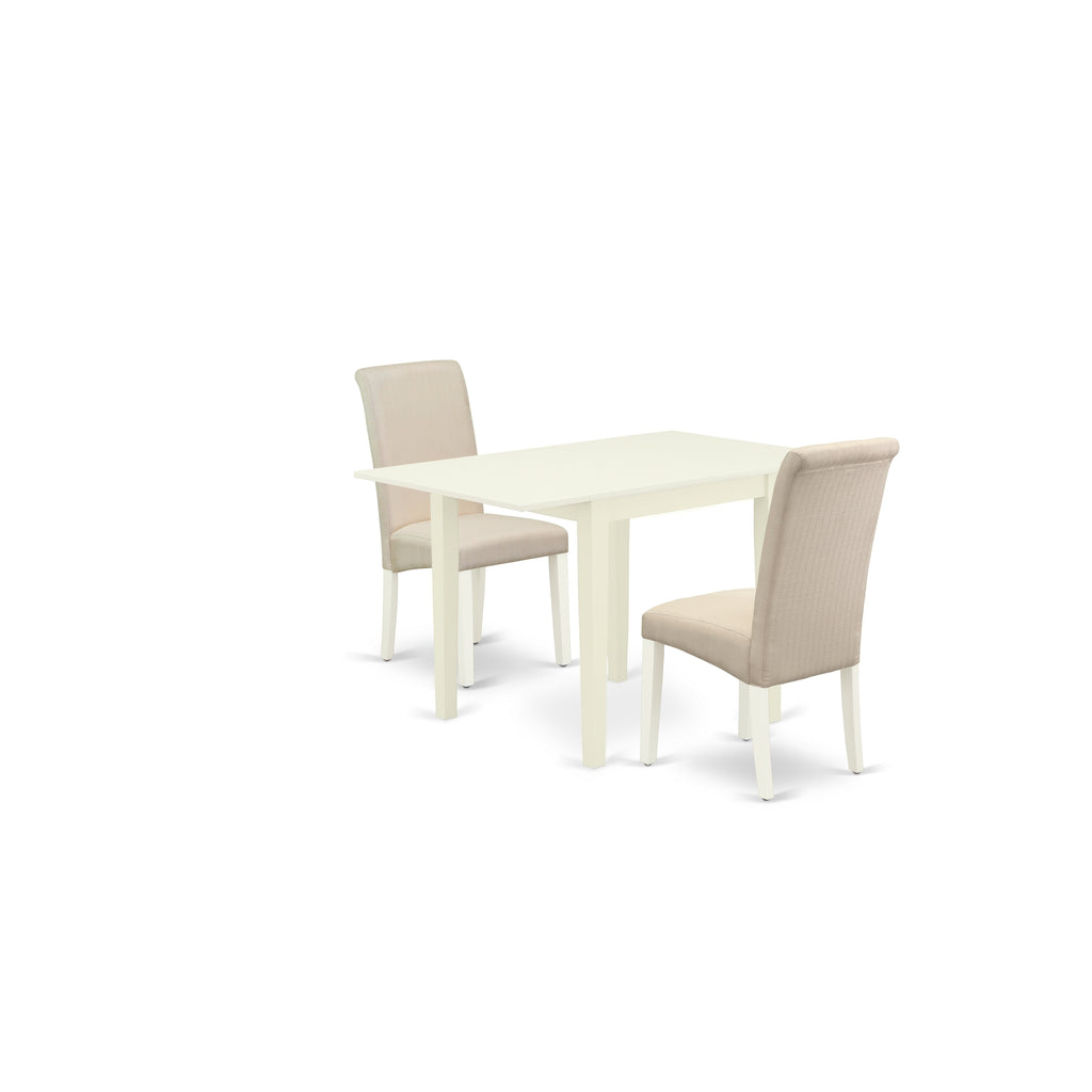 East West Furniture NDBA3-LWH-01 3 Piece Dinette Set for Small Spaces Contains a Rectangle Dining Table with Dropleaf and 2 Cream Linen Fabric Upholstered Chairs, 30x48 Inch, Linen White