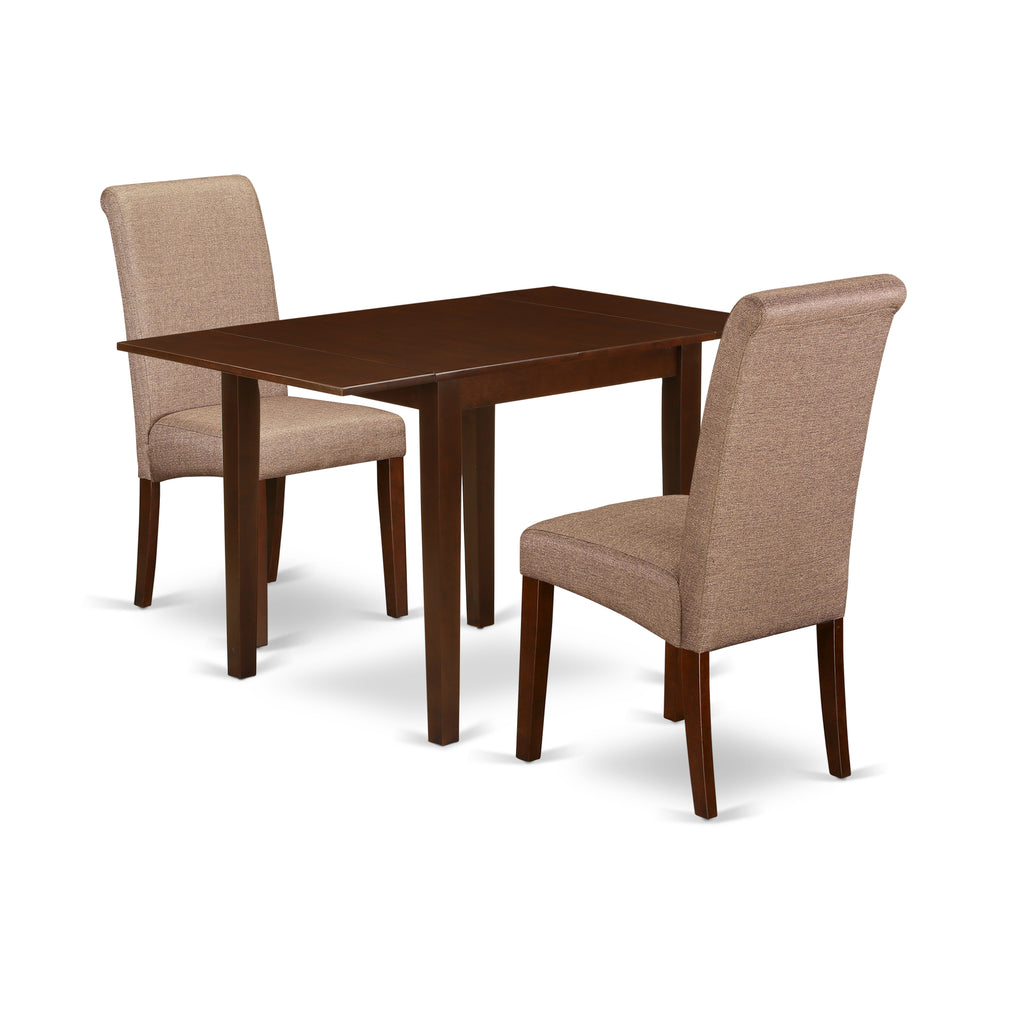East West Furniture NDBA3-MAH-18 3 Piece Kitchen Table Set Contains a Rectangle Dining Room Table with Dropleaf and 2 Brown Linen Linen Fabric Parson Dining Chairs, 30x48 Inch, Mahogany