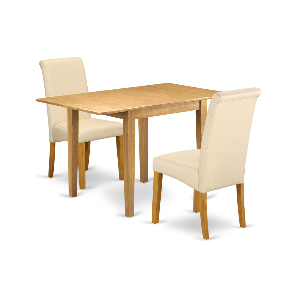 East West Furniture NDBA3-OAK-02 3 Piece Modern Dining Table Set Contains a Rectangle Wooden Table with Dropleaf and 2 Light Beige Linen Fabric Upholstered Chairs, 30x48 Inch, Oak