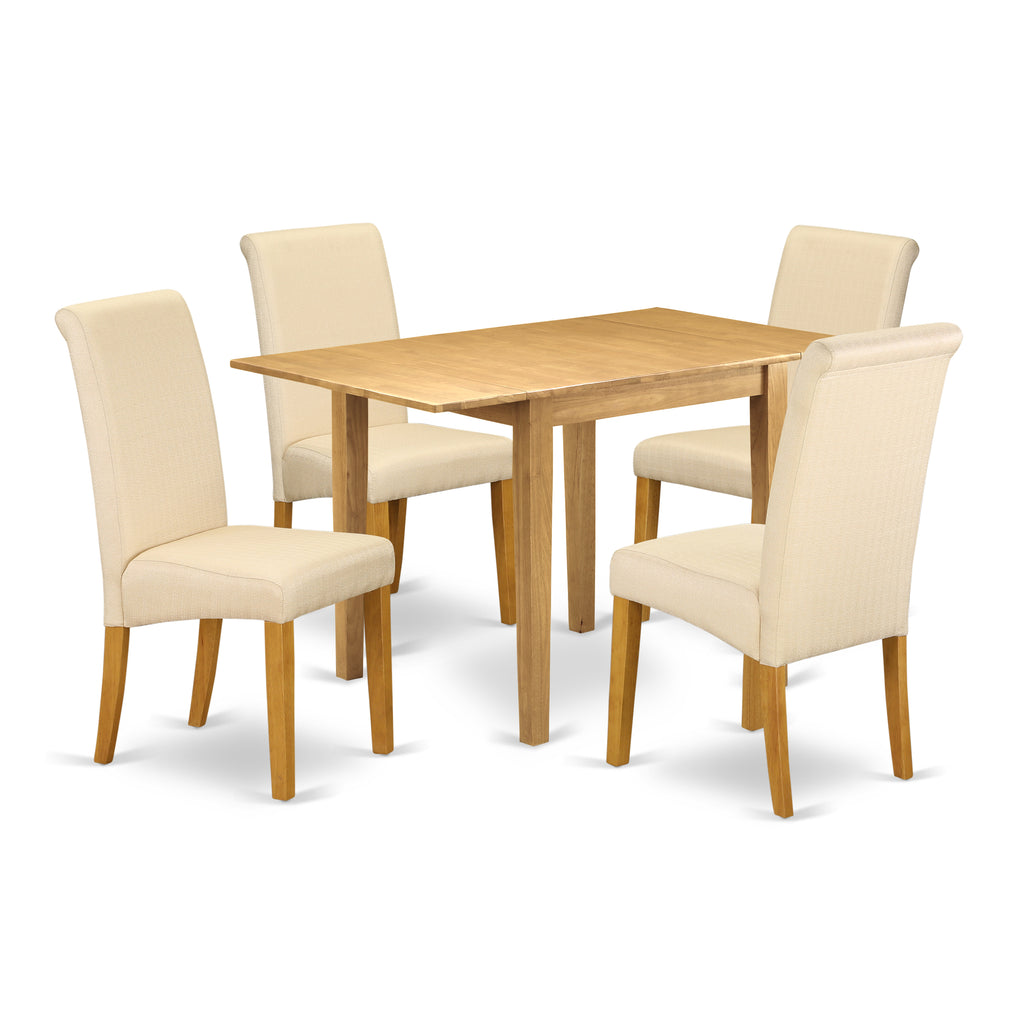 East West Furniture NDBA5-OAK-02 5 Piece Dining Set Includes a Rectangle Dining Room Table with Dropleaf and 4 Light Beige Linen Fabric Upholstered Parson Chairs, 30x48 Inch, Oak