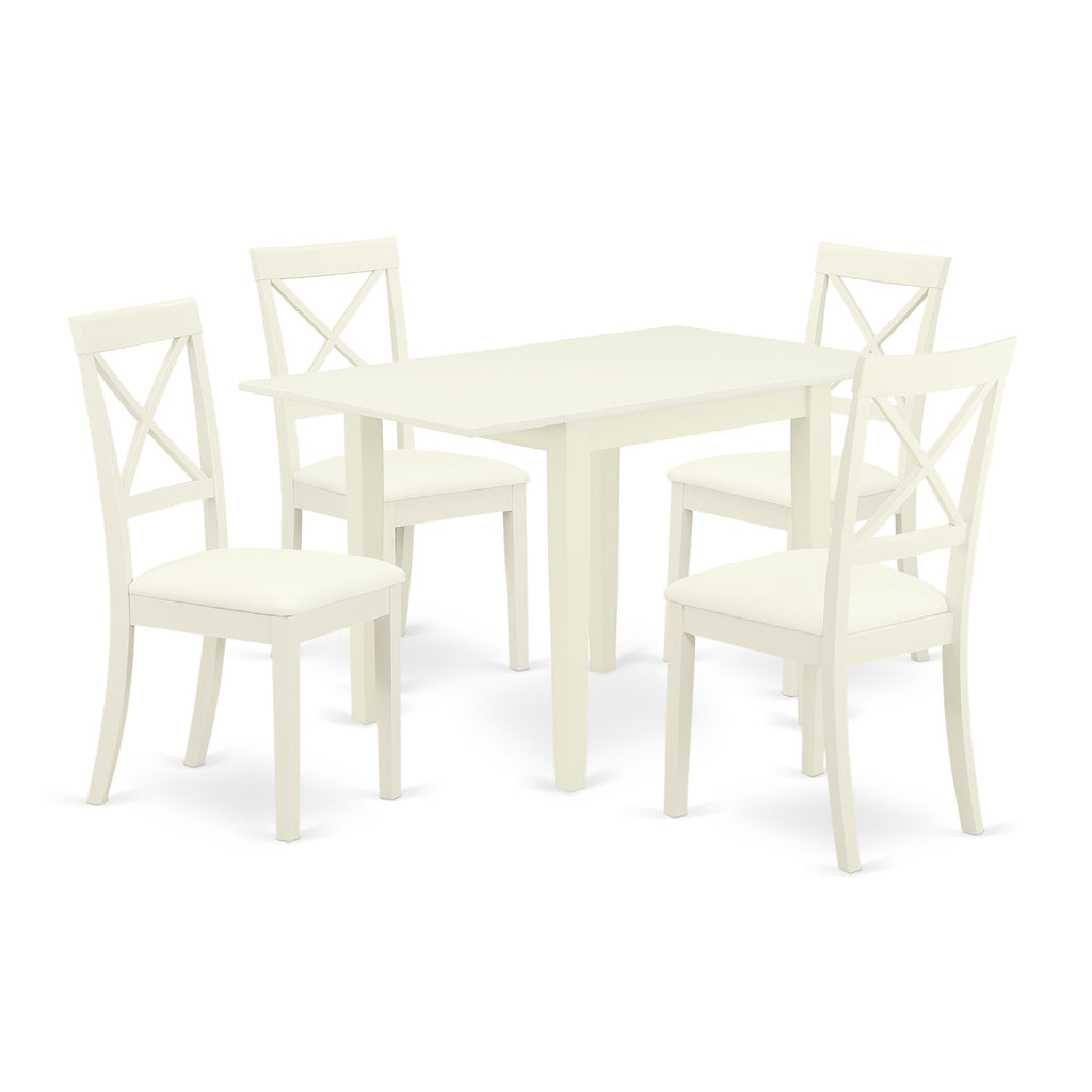 East West Furniture NDBO5-LWH-LC 5 Piece Dinette Set for 4 Includes a Rectangle Dining Room Table with Dropleaf and 4 Faux Leather Kitchen Dining Chairs, 30x48 Inch, Linen White