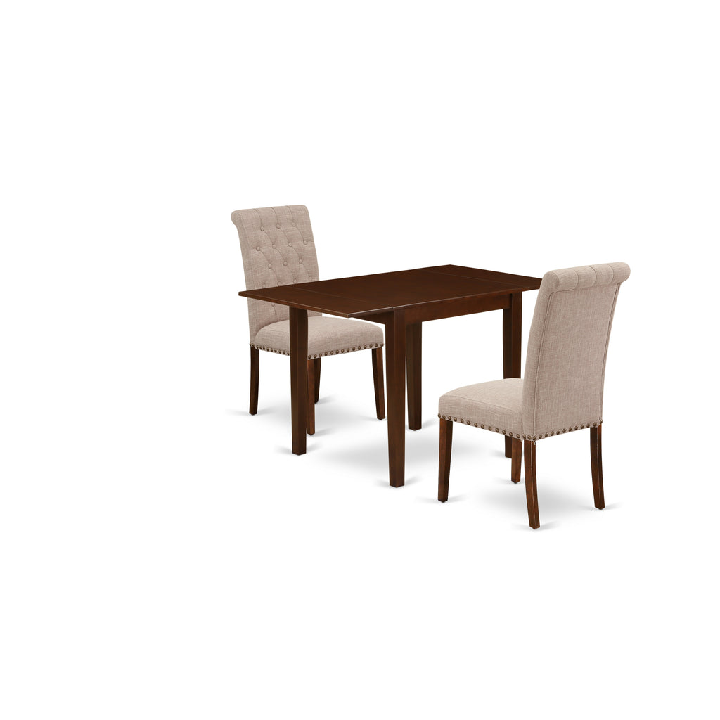 East West Furniture NDBR3-MAH-04 3 Piece Dining Room Furniture Set Contains a Rectangle Dining Table with Dropleaf and 2 Light Tan Linen Fabric Upholstered Chairs, 30x48 Inch, Mahogany