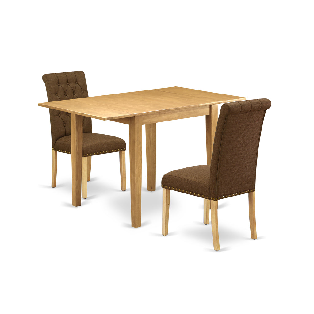 East West Furniture NDBR3-OAK-18 3 Piece Dining Table Set Contains a Rectangle Dining Room Table with Dropleaf and 2 Brown Linen Linen Fabric Upholstered Chairs, 30x48 Inch, Oak