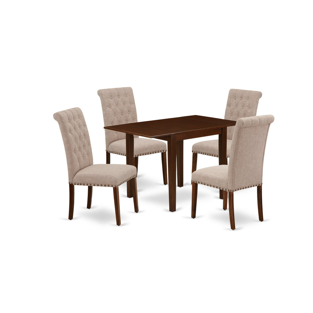 East West Furniture NDBR5-MAH-04 5 Piece Dining Set Includes a Rectangle Dining Room Table with Dropleaf and 4 Light Tan Linen Fabric Upholstered Chairs, 30x48 Inch, Mahogany