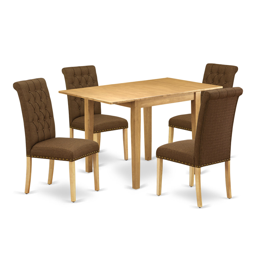 East West Furniture NDBR5-OAK-18 5 Piece Dining Table Set for 4 Includes a Rectangle Kitchen Table with Dropleaf and 4 Brown Linen Linen Fabric Upholstered Chairs, 30x48 Inch, Oak