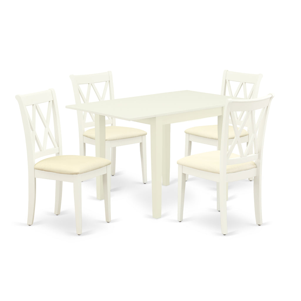 East West Furniture NDCL5-LWH-C 5 Piece Dining Room Table Set Includes a Rectangle Kitchen Table with Dropleaf and 4 Linen Fabric Upholstered Dining Chairs, 30x48 Inch, Linen White