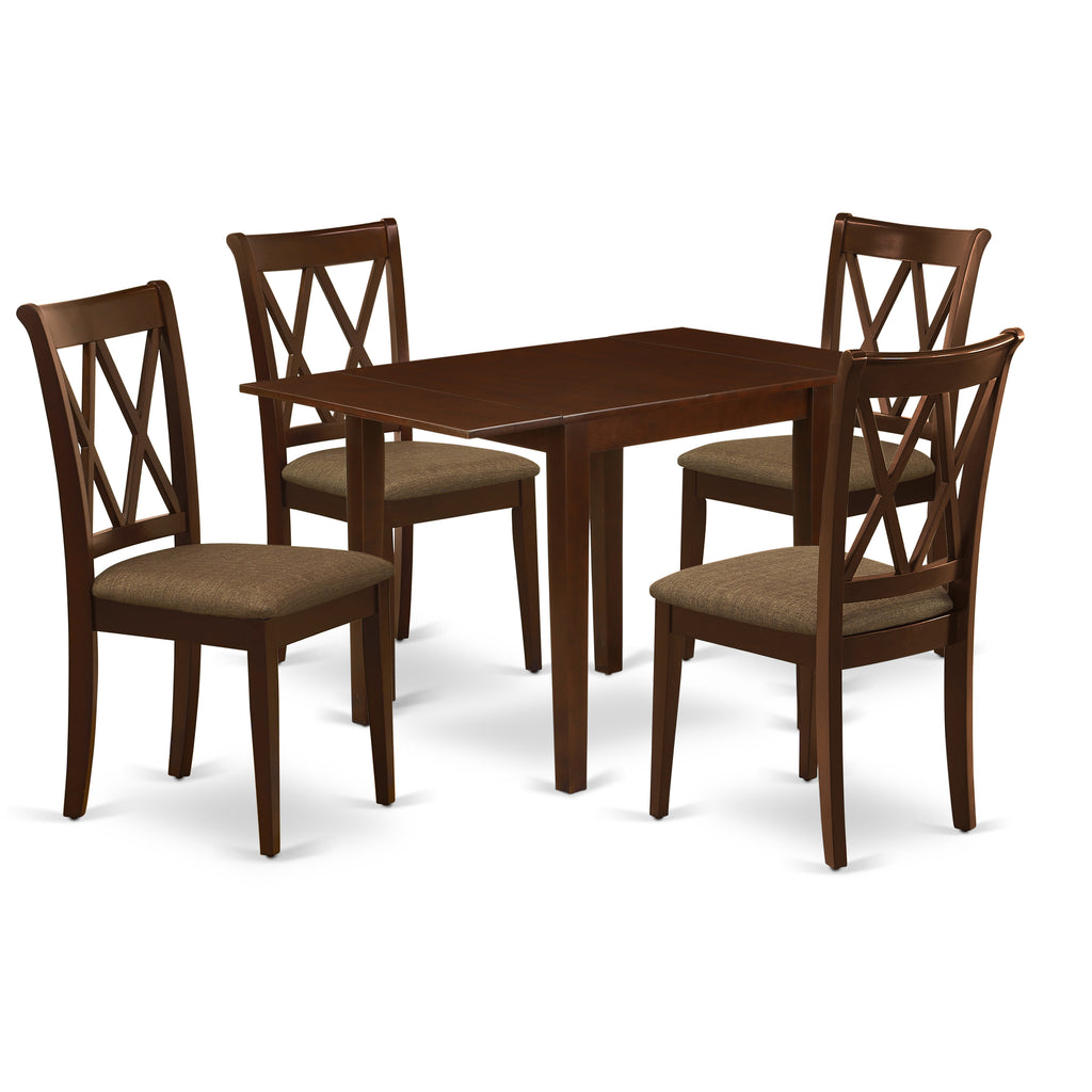 East West Furniture NDCL5-MAH-C 5 Piece Dining Room Furniture Set Includes a Rectangle Dining Table with Dropleaf and 4 Linen Fabric Upholstered Chairs, 30x48 Inch, Mahogany