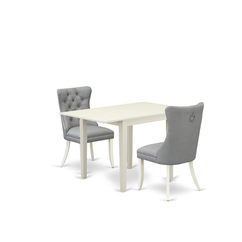 East West Furniture NDDA3-LWH-27 3 Piece Kitchen Table & Chairs Set Includes a Rectangle Dining Table with Dropleaf and 2 Parson Chairs, 30x48 Inch, linen white