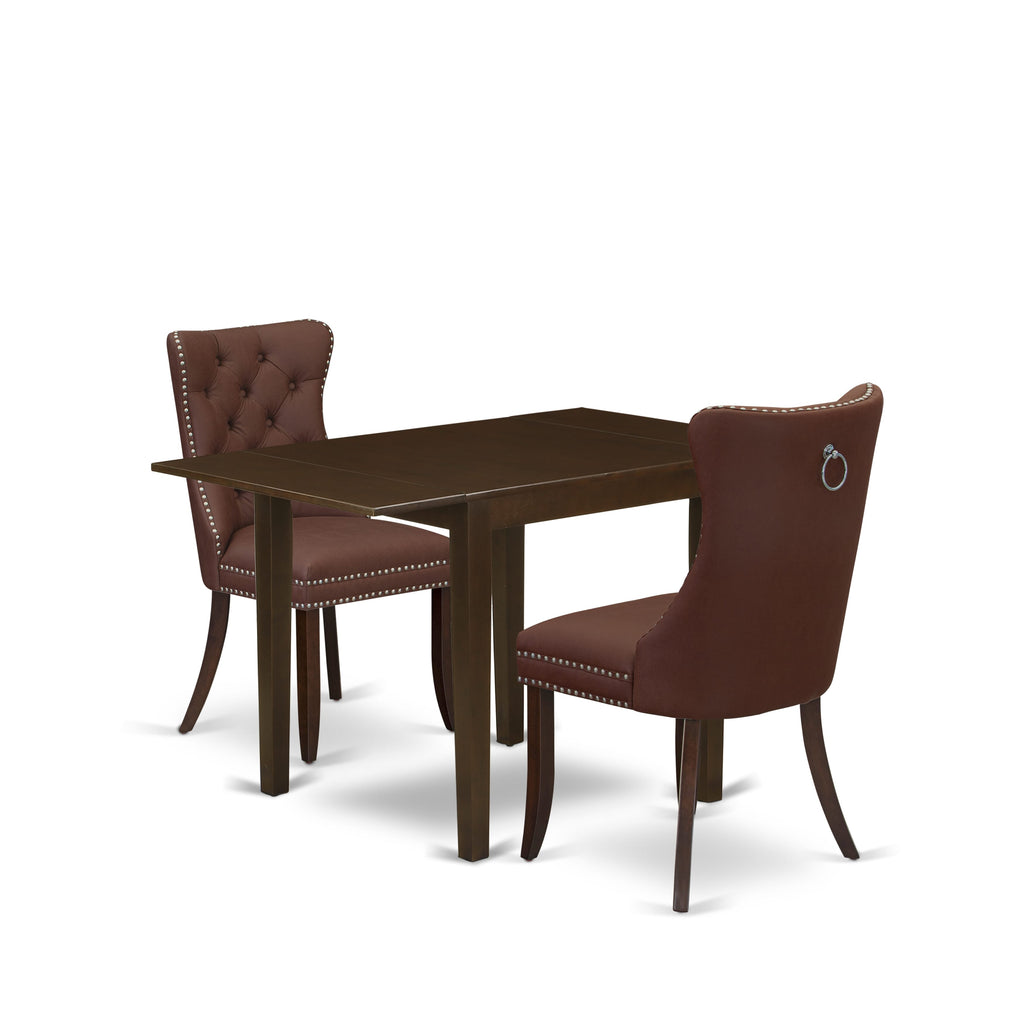 East West Furniture NDDA3-MAH-26 3 Piece Modern Dining Table Set Consists of a Rectangle Kitchen Table with Dropleaf and 2 Parson Chairs, 30x48 Inch, Mahogany