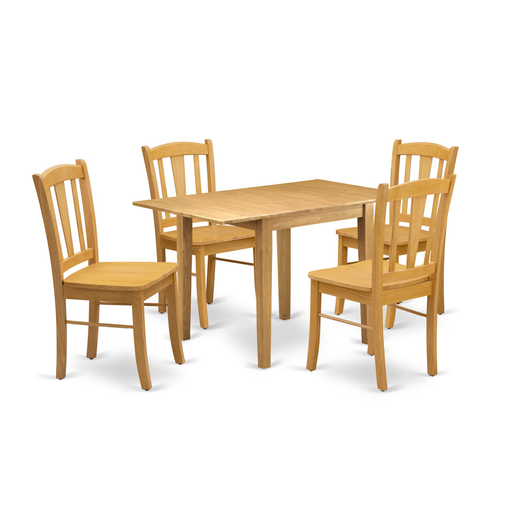 East West Furniture NDDL5-OAK-W 5 Piece Dining Set Includes a Rectangle Dining Table with Dropleaf and 4 Kitchen Chairs, 30x48 Inch, Oak