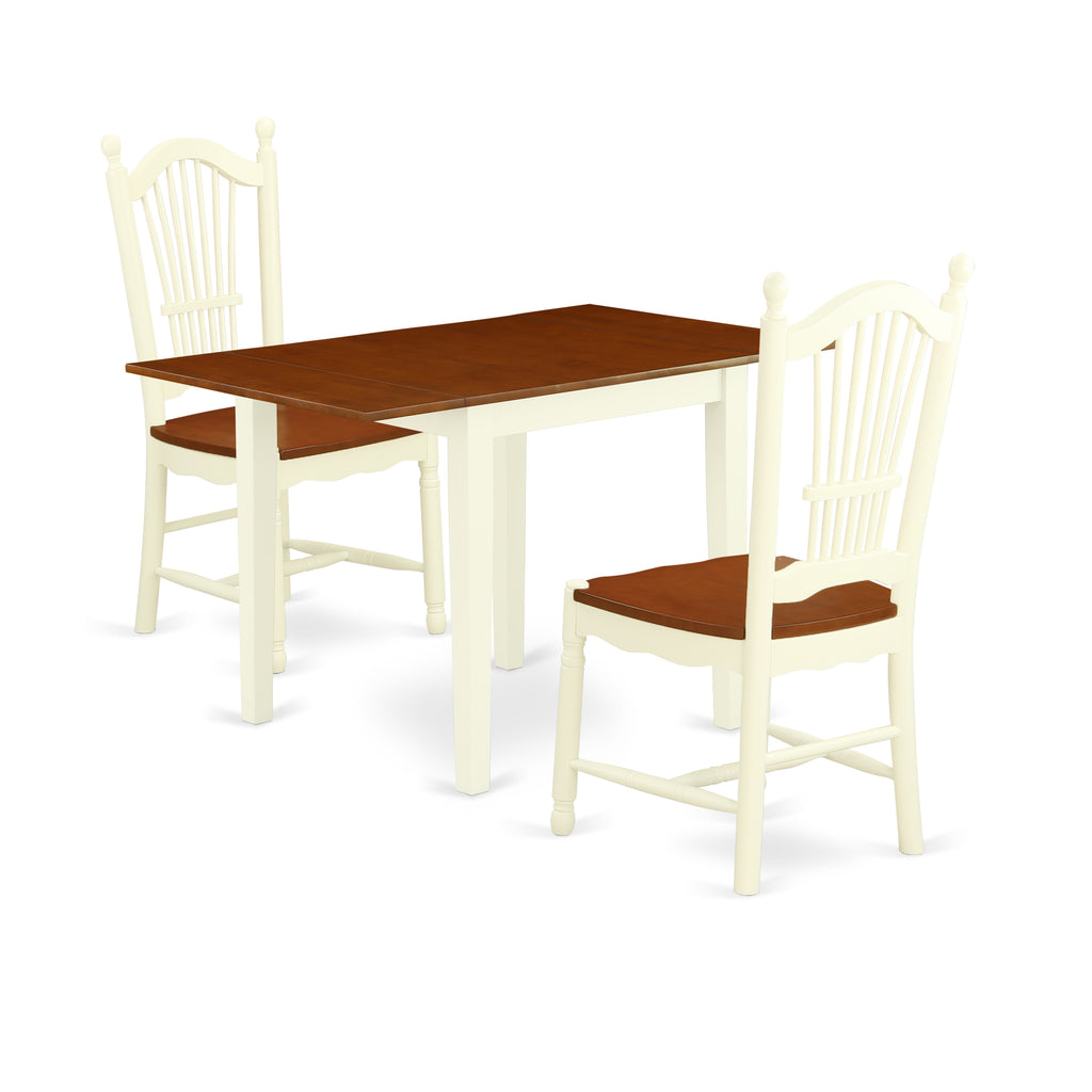 East West Furniture NDDO3-WHI-W 3 Piece Dining Set Contains a Rectangle Dining Room Table with Dropleaf and 2 Wood Seat Chairs, 30x48 Inch, Buttermilk & Cherry