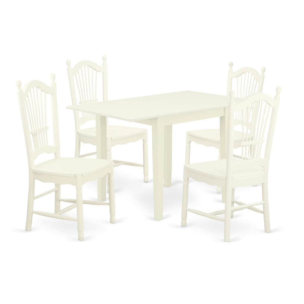 East West Furniture NDDO5-LWH-W 5 Piece Dining Room Table Set Includes a Rectangle Dining Table with Dropleaf and 4 Wood Seat Chairs, 30x48 Inch, Linen White