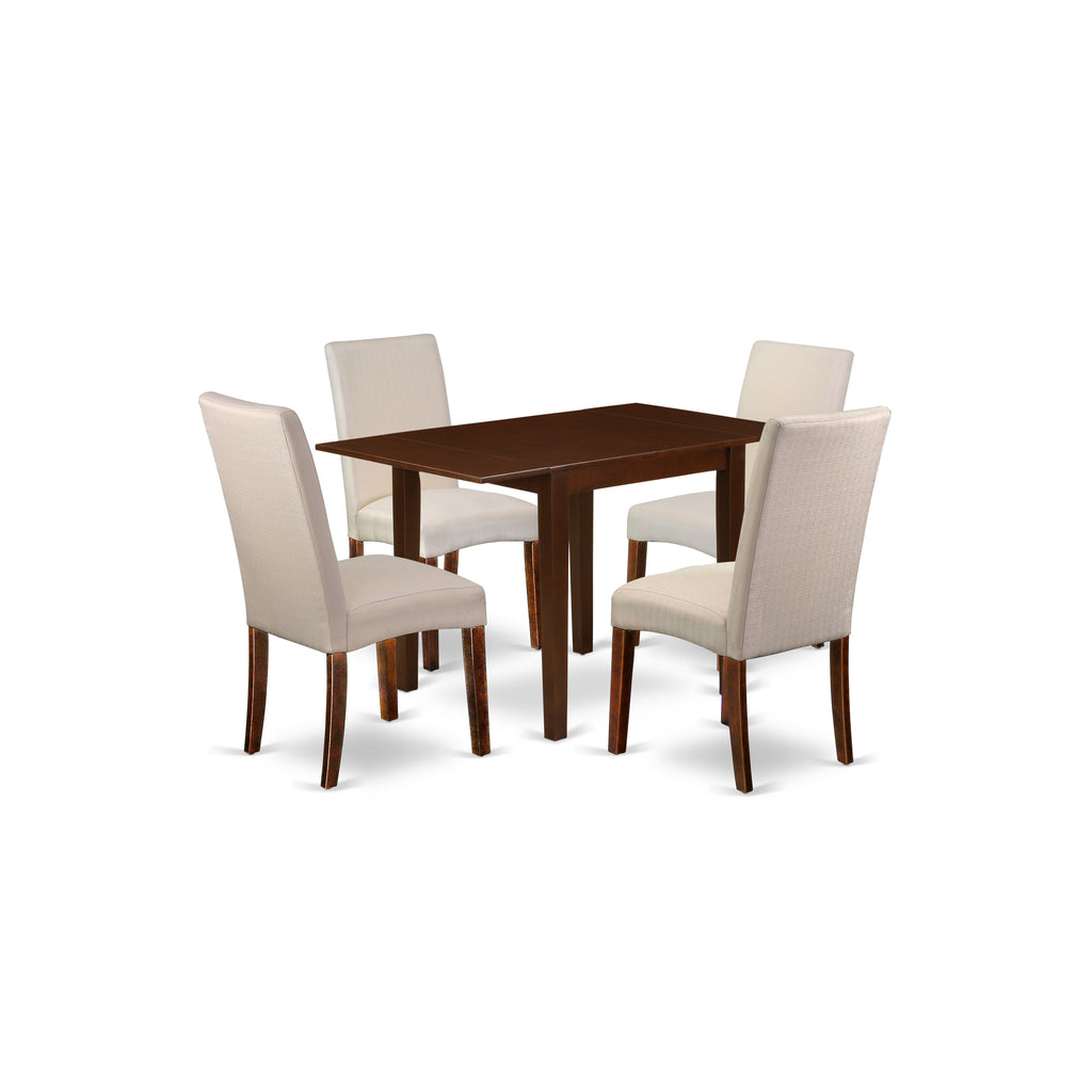 East West Furniture NDDR5-MAH-01 5 Piece Kitchen Table & Chairs Set Includes a Rectangle Dining Room Table with Dropleaf and 4 Cream Linen Fabric Parsons Chairs, 30x48 Inch, Mahogany