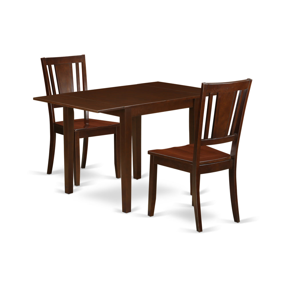 East West Furniture NDDU3-MAH-W 3 Piece Dining Room Table Set Contains a Rectangle Kitchen Table with Dropleaf and 2 Dining Chairs, 30x48 Inch, Mahogany