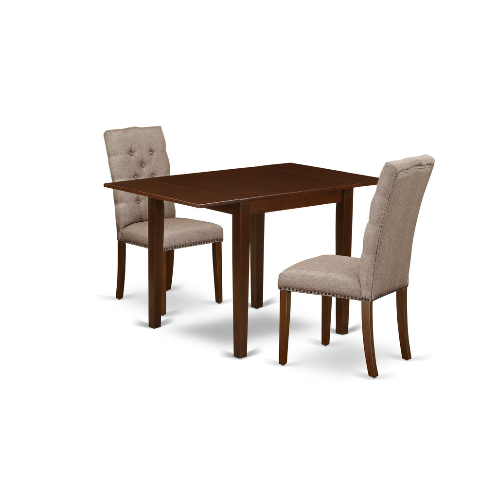 East West Furniture NDEL3-MAH-16 3 Piece Dining Set Contains a Rectangle Dining Room Table with Dropleaf and 2 Dark Khaki Linen Fabric Upholstered Parson Chairs, 30x48 Inch, Mahogany