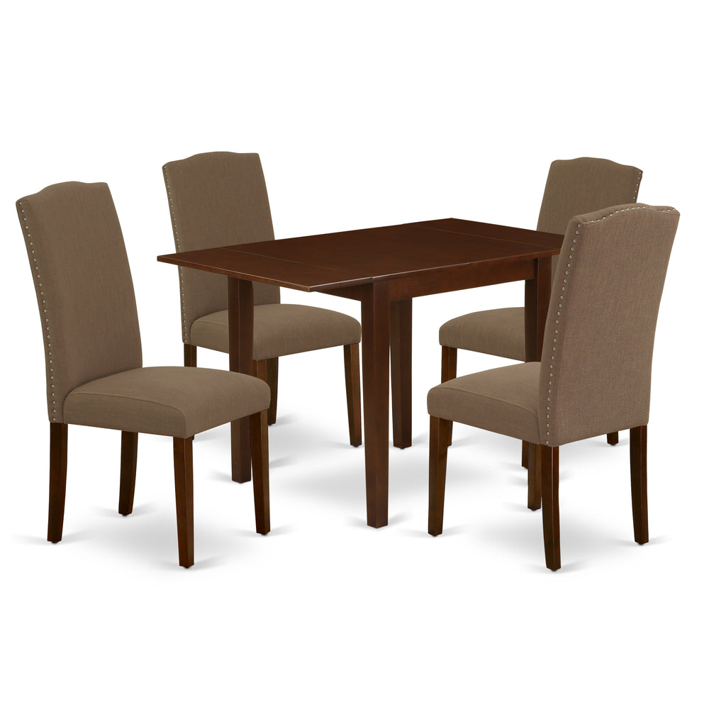 East West Furniture NDEN5-MAH-18 5 Piece Dining Table Set Includes a Rectangle Dining Room Table with Dropleaf and 4 Dark Coffee Linen Fabric Upholstered Chairs, 30x48 Inch, Mahogany